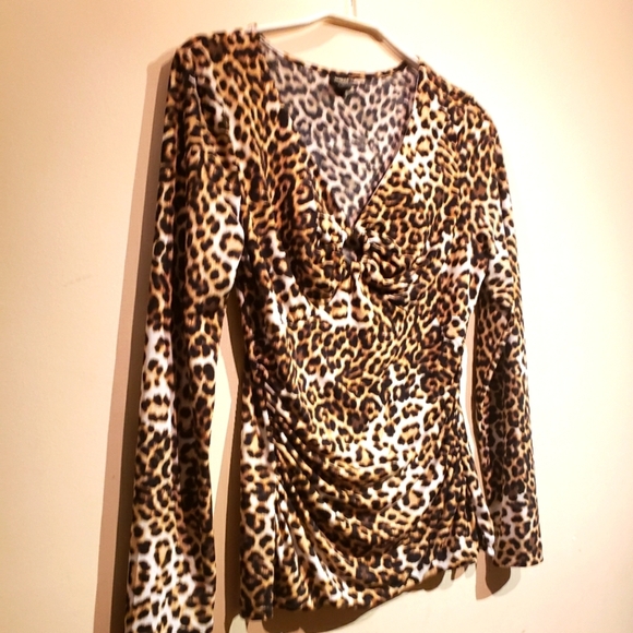 Paisley Sky Blouse Large L Pullover Leopard Print Side Ruching Shirt Top - Picture 5 of 5